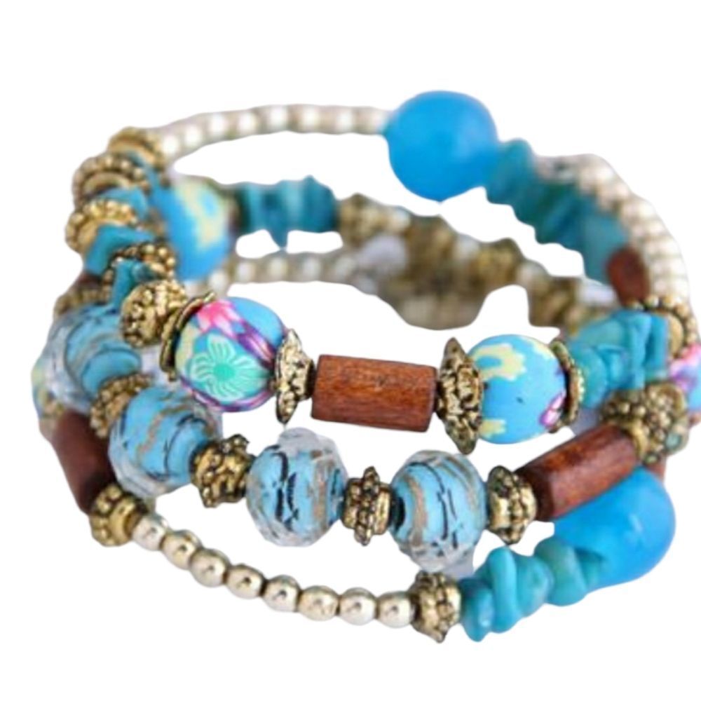 Beaded Memory Wire Bracelet In Turquoise Blue Boho - Picture 7 of 14